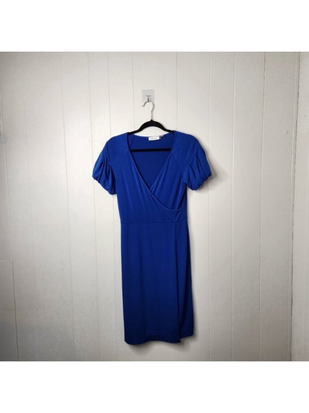 Calvin Klein Blue Short Sleeve Knee Length Dress Stretchy Wrap V-Neck Office - Picture 2 of 11